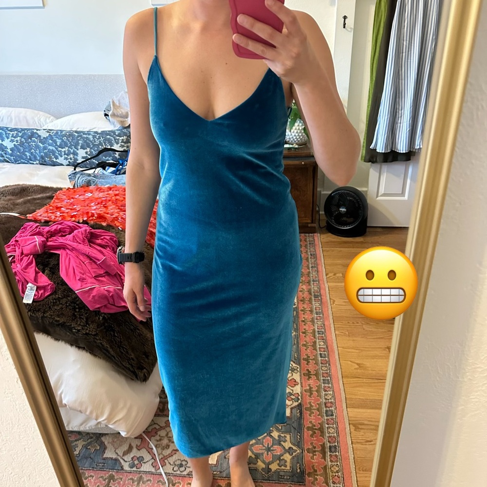 Zara Teal Velvet Slip Dress with Spaghetti Straps